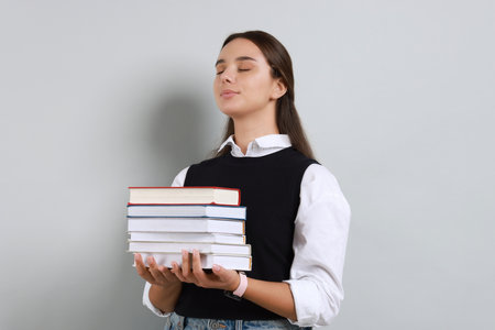 Young student with stack of books on grey backgroundの写真素材