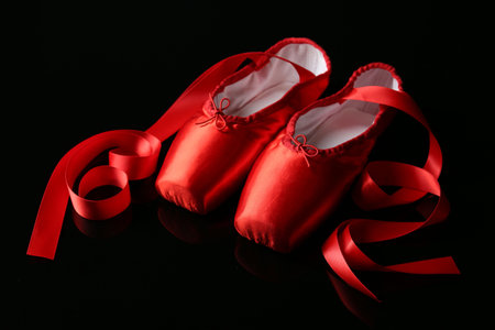 Pair of beautiful pointe shoes on black mirror surfaceの写真素材