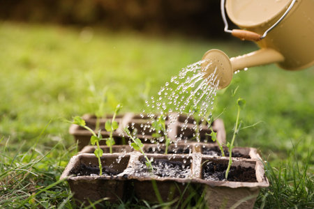 Watering seedlings with can outdoors, closeupの写真素材