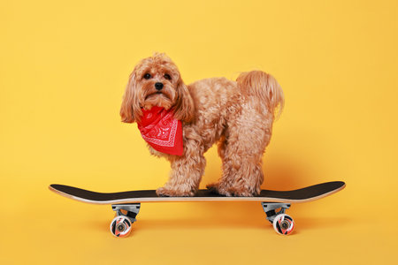 Cute Maltipoo dog with red bandana on skateboard against orange backgroundの写真素材