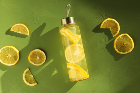 Lemon water in bottle and slices on wet green background, flat layの写真素材