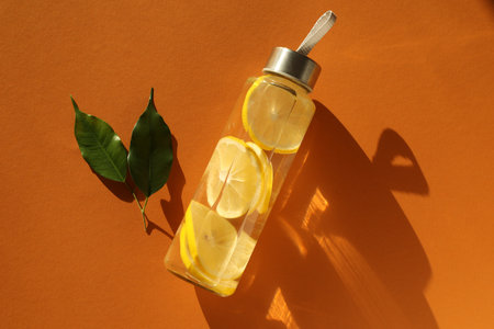 Lemon water in bottle and leaves on brown background, top viewの写真素材