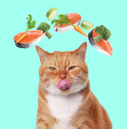 Cute cat surrounded by flying vegetables and raw salmon steaks on light blue background. Natural pet foodの写真素材