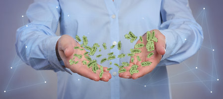 Man showing hands with microbes on gray background, closeup. Illustration of microorganisms