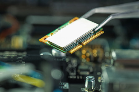 Wi-Fi card on blurred background, closeup. Electronic engineering