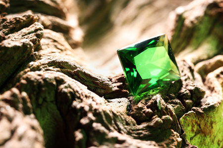 Beautiful shiny green gemstone on stone, closeupの写真素材