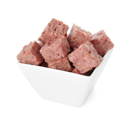 Canned meat in bowl isolated on whiteの写真素材
