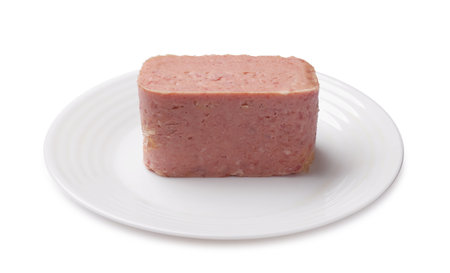 Tasty fresh canned meat isolated on whiteの写真素材