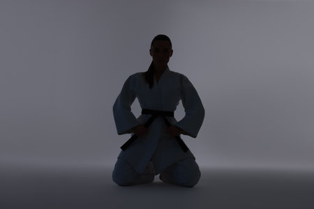 Silhouette of karate fighter in kimono on light backgroundの写真素材