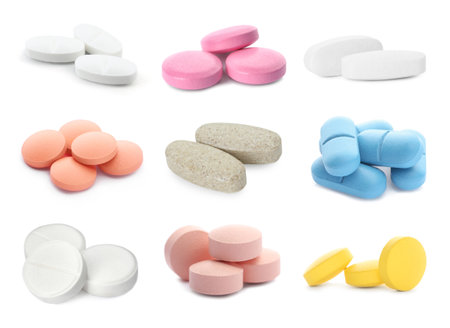 Set of different antibiotic pills isolated on whiteの写真素材