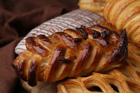 Different delicious sweet pastries on table, closeupの写真素材