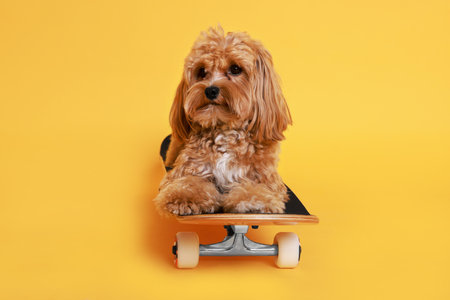 Cute Maltipoo dog on skateboard against orange backgroundの写真素材
