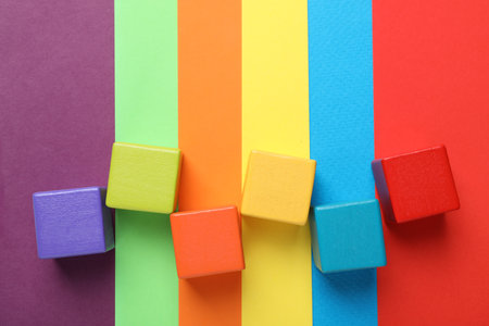 Colorful cubes on color background, flat layの写真素材