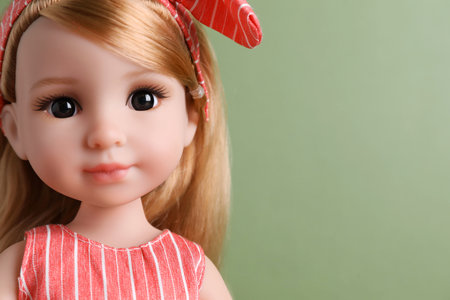 Beautiful doll with headband on light green background, closeup. Space for textの写真素材