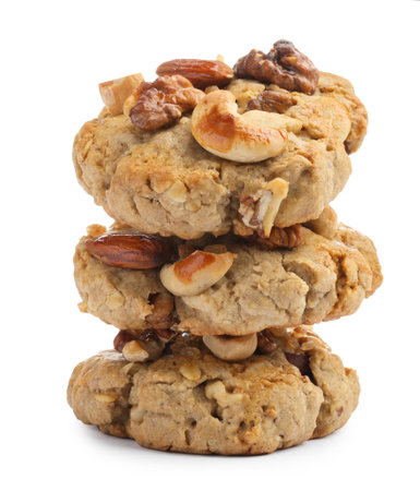 Tasty cookies with nuts isolated on whiteの写真素材