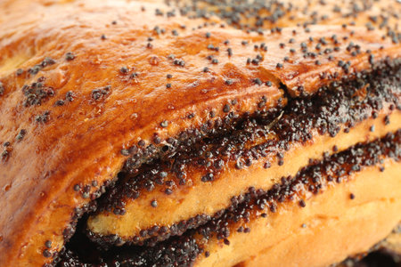 Tasty bun with poppy seeds as background, closeupの写真素材