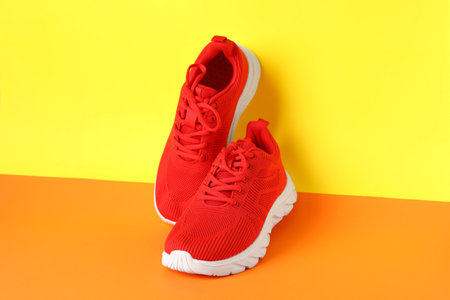 Pair of stylish sneakers on color backgroundの写真素材