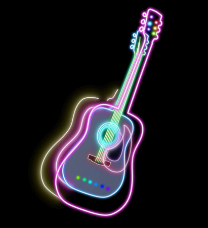 Acoustic guitar with bright neon outlines on black background. creative posterの写真素材