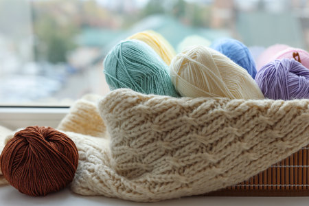 Many colorful yarns, sweater and basket on window sill
