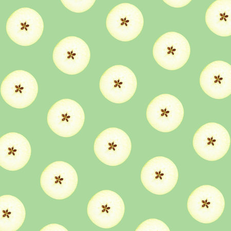 Halves of fresh apple on light green background, seamless patternの写真素材
