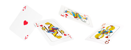 Playing cards of hearts suit in air on white background. Poker game