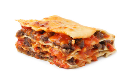 Delicious cooked lasagna isolated on white. Italian cuisineの写真素材