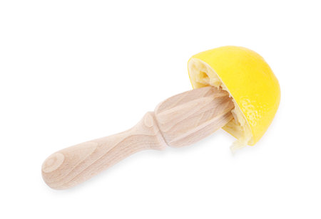 Wooden squeezer and lemon isolated on white, top view
