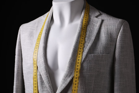Male mannequin with grey jacket and measuring tape on black background, closeupの写真素材