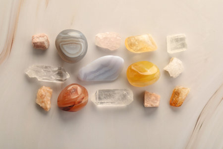 Beautiful natural gemstones on light background, flat lay