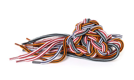 Colorful ropes tied together isolated on white. Unity concept