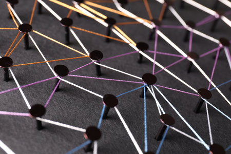 Network connection. Nails linked together by threads on black background, closeupの写真素材