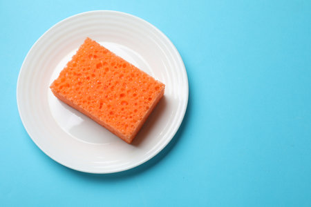 Plate with sponge on light blue background, top view. Space for textの写真素材