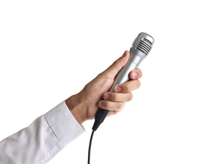 Man with microphone on white background, closeupの写真素材