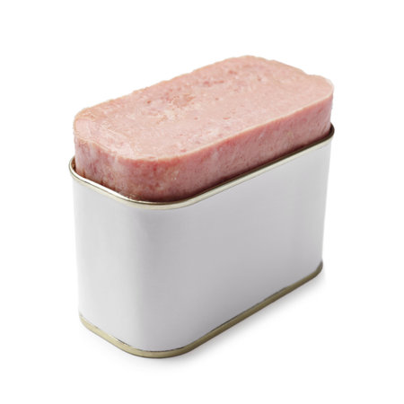 Canned meat in tin can isolated on whiteの写真素材