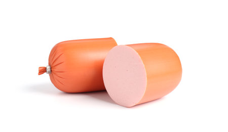 Cut tasty boiled sausage isolated on whiteの写真素材
