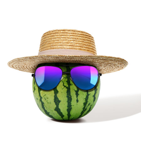 Watermelon with straw hat and sunglasses on white backgroundの写真素材