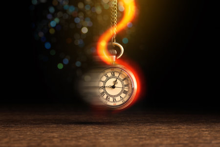 Hypnosis session. Vintage pocket watch swinging on black background, motion blur effect. Magic...