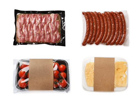 Packagings with different products on white background. top viewの写真素材