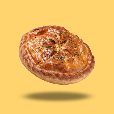 Tasty homemade pie with filling in air on golden background
