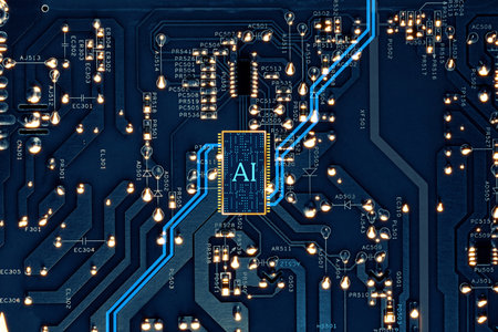 Artificial intelligence. Electronic chip with AI abbreviation on circuit board, top viewの写真素材
