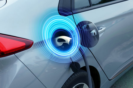 Charging modern electric car from station outdoors. Round pulse waves representing energy