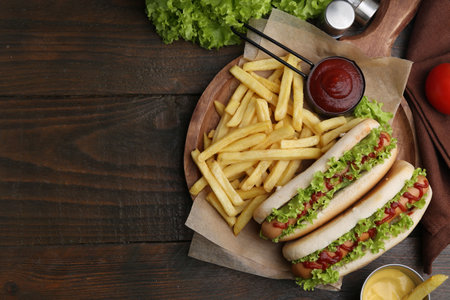 Tasty hot dogs with lettuce, ketchup and potato fries on wooden table, flat lay. Space for textの写真素材