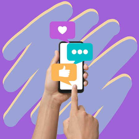 Content manager, creative conceptual collage. Man using smartphone on color background, closeup....