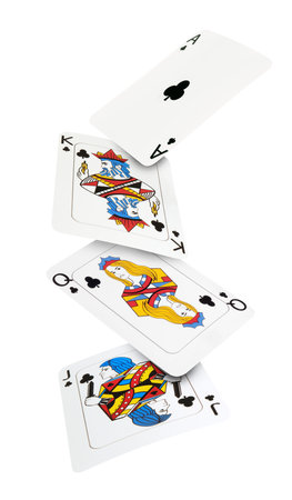 Playing cards of clubs suit in air on white background. Poker gameの写真素材