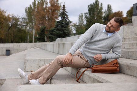 Man with injured leg on stairs outdoors after fall. Dangerous accidentの写真素材