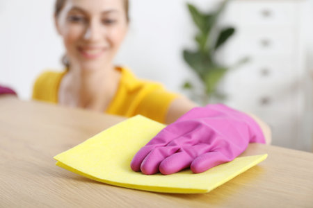 Woman cleaning table with rag at home, selective focus