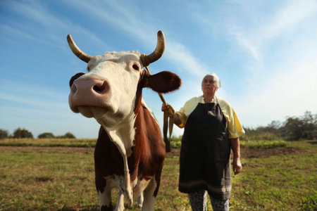 Senior woman with beautiful cow on pasture, selective focusの写真素材