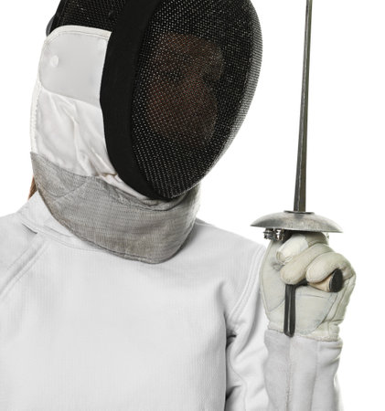 Fencer with epee on white background. Combat sportの写真素材