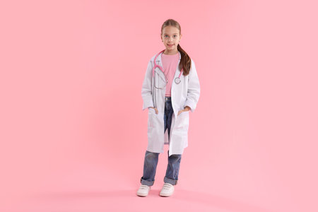 Girl with stethoscope pretending to be doctor on pink background. Dreaming of future professionの写真素材
