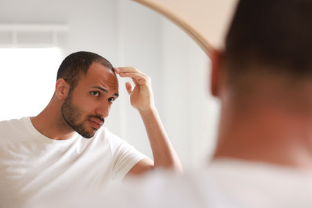 Man looking at mirror in bathroom